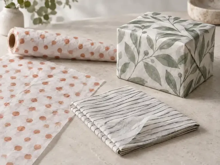 Printed tissue assortment with dot, stripe and botanical patterns around a blank box