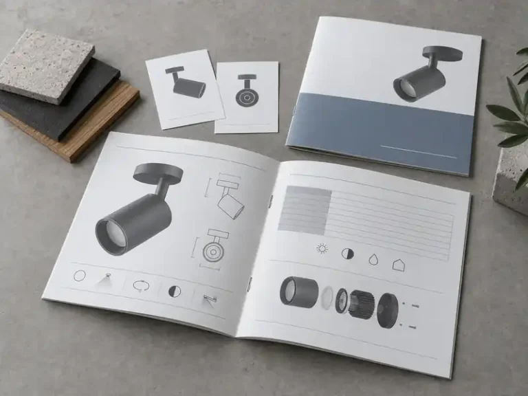Custom product information booklets with technical diagrams, specification tables and saddle staples