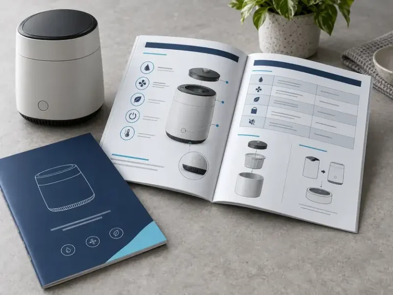 Custom product information manual with specifications, diagrams and feature callouts
