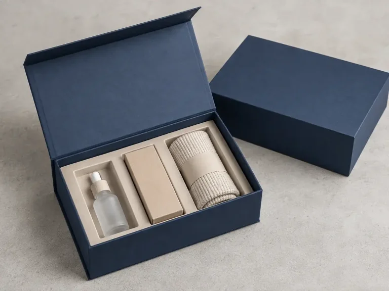 Deep blue magnetic product kit box with modular compartments for three unbranded components