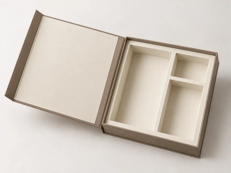 Taupe book-style product kit rigid box with three fitted compartments