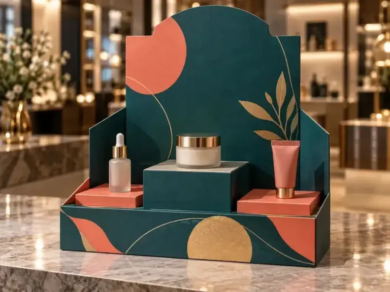 Deep teal and coral product launch display with raised sample platforms and blank header