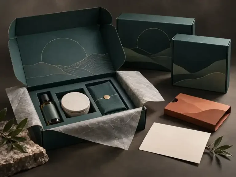 Deep teal product launch mailer with fitted samples, tissue, sleeve and presentation card
