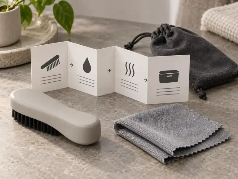 Accordion-fold maintenance card with grooming tool, cloth and storage pouch
