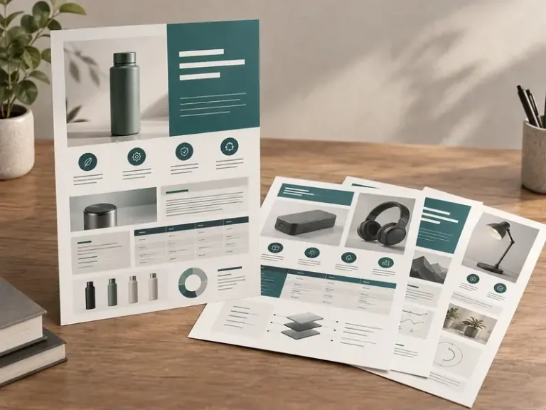 Premium product overview flyers with teal information blocks, product imagery and specification grids