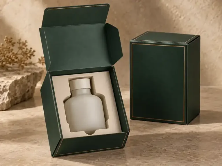 Forest green presentation cartons with a fitted paperboard insert and unbranded ceramic bottle