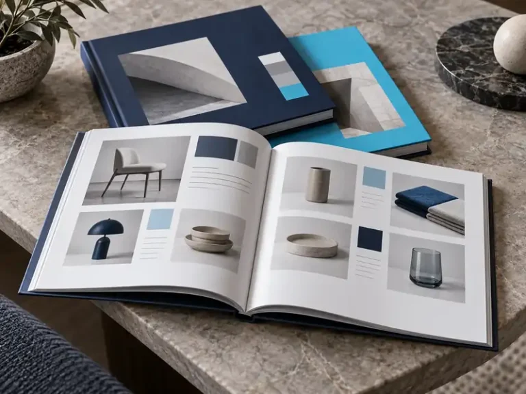 Perfect-bound product range books with organized product grids and specifications