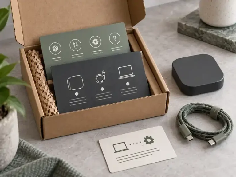 Charcoal and sage product support cards with a compact device and cable