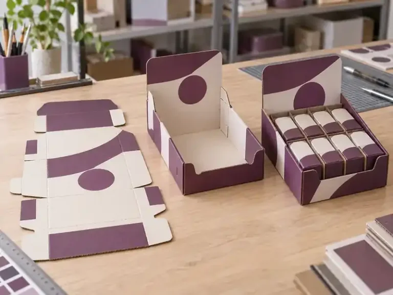 Plum and cream product tray packaging shown flat, assembled and loaded with divided packs