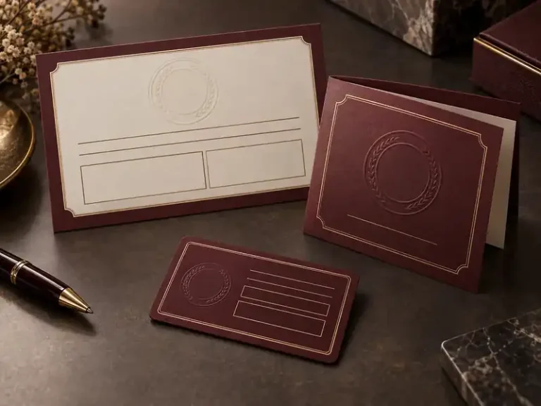 Burgundy and cream product warranty cards in flat, folded and wallet-size formats