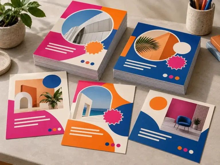 Vibrant magenta, orange and blue promotional flyers in multiple printed formats
