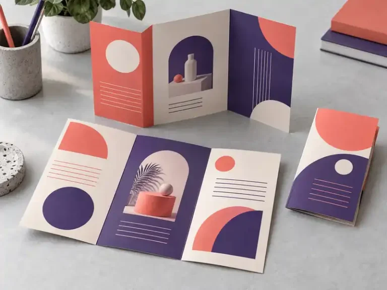 Coral, violet and cream promotional folded leaflets shown flat, open and folded