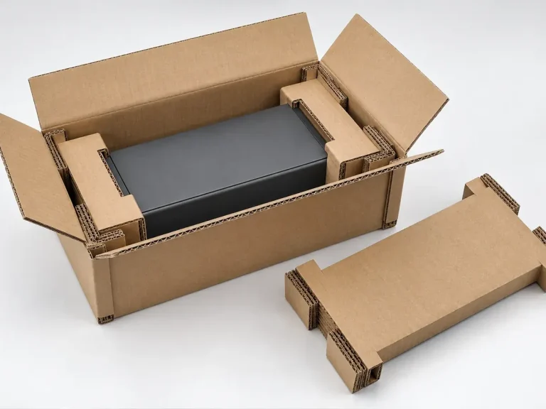 Protective double-wall shipping box with fitted corrugated end caps for a device