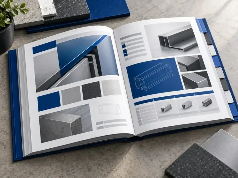 Technical reference catalog with section tabs, material samples and specification grids