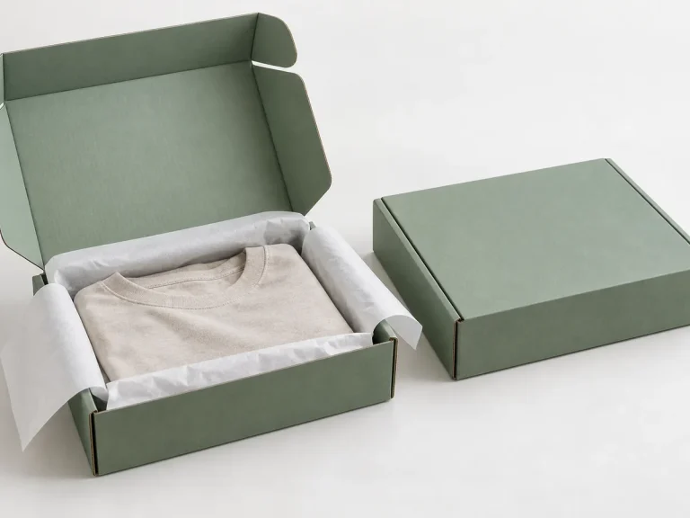 Sage green retail delivery mailers with folded apparel protected by white tissue