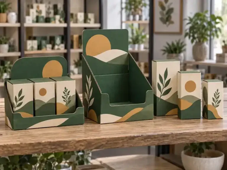 Forest green retail display packaging family with counter tray, shelf case and cartons