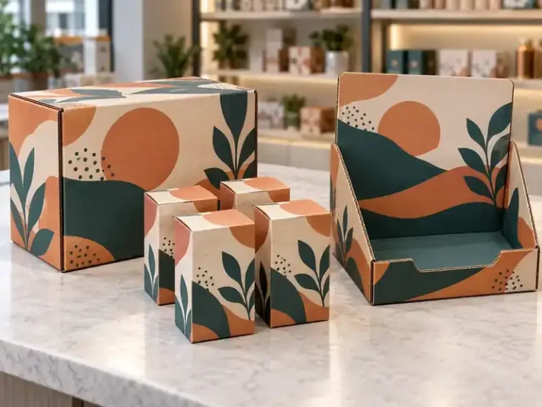 Terracotta and teal retail distribution packaging shown as closed case, display tray and cartons