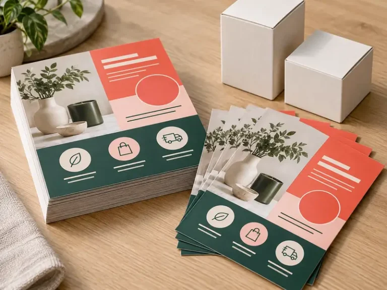Coral and dark green retail flyers displayed beside blank product cartons