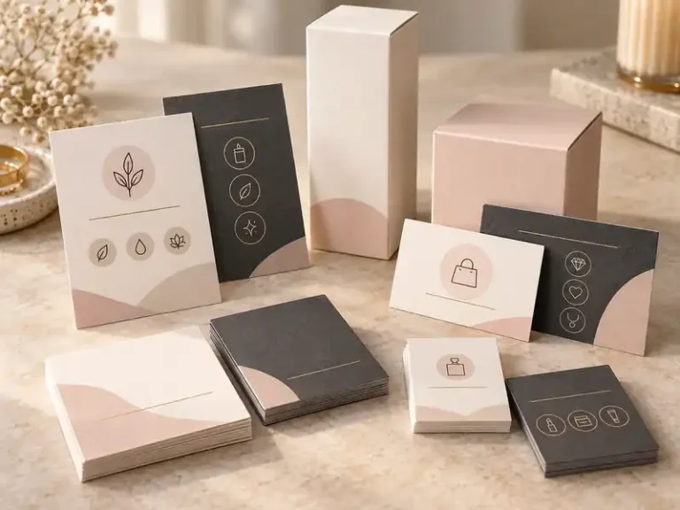 Cream, blush and charcoal retail information cards beside blank product cartons