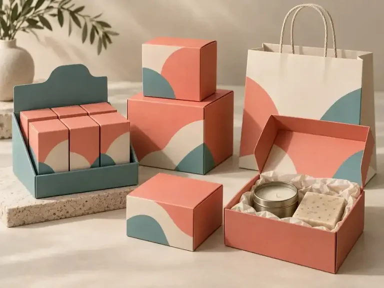 Coral and teal retail launch packaging with cartons, display tray, paper bag and presentation box