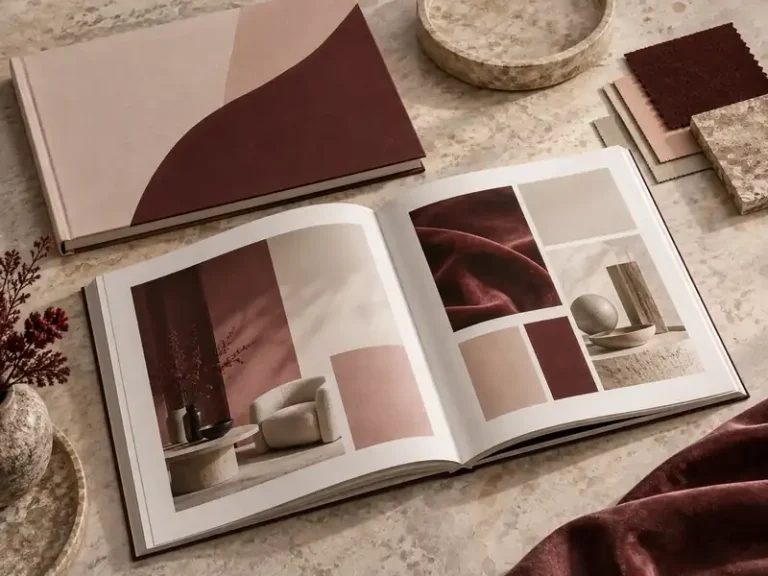 Premium retail lookbook printing with editorial spreads and material swatches
