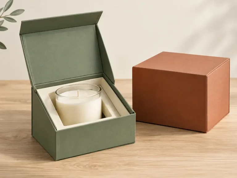 Sage magnetic retail box with a fitted candle tray beside a closed rust-colored box