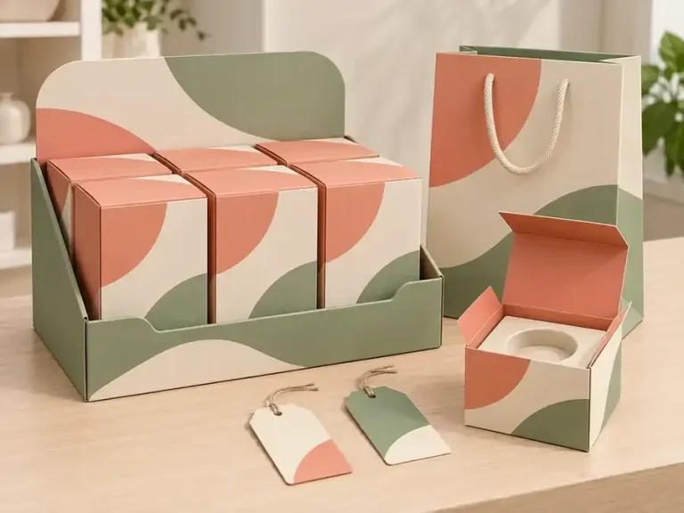 Sage retail display packaging set with coral folding cartons, paper bag, insert and tags
