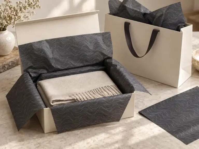Cream retail box and bag with charcoal wave-pattern tissue and folded accessory