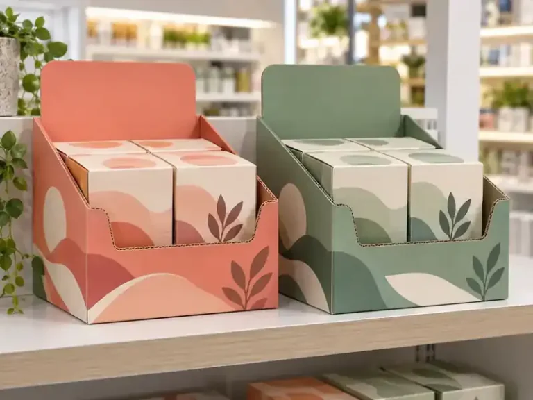 Coral and sage retail product display boxes with lowered fronts and four cartons each