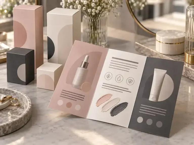 Blush, charcoal and cream retail product leaflets beside blank cosmetic cartons