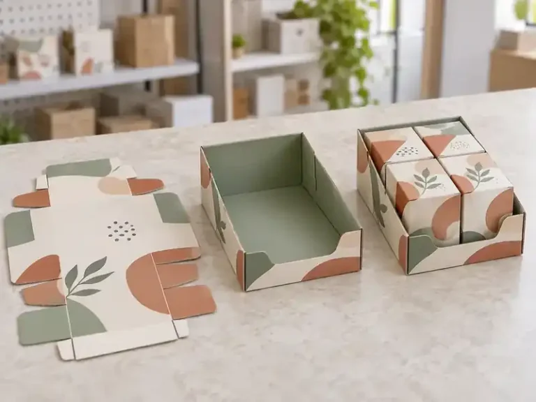 Sage, terracotta and cream retail product trays shown flat, assembled and loaded