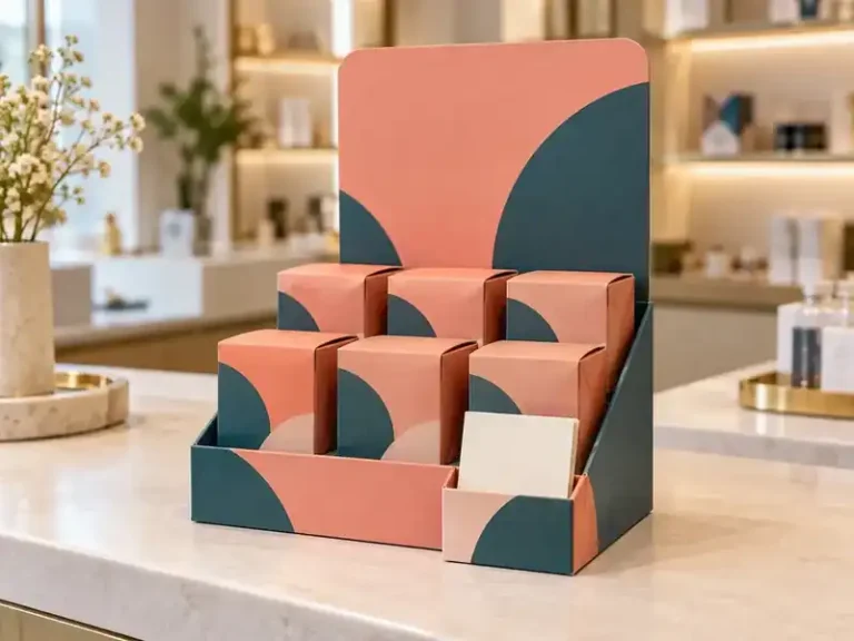 Coral and teal retail promotion display with six cartons, blank header and integrated card holder