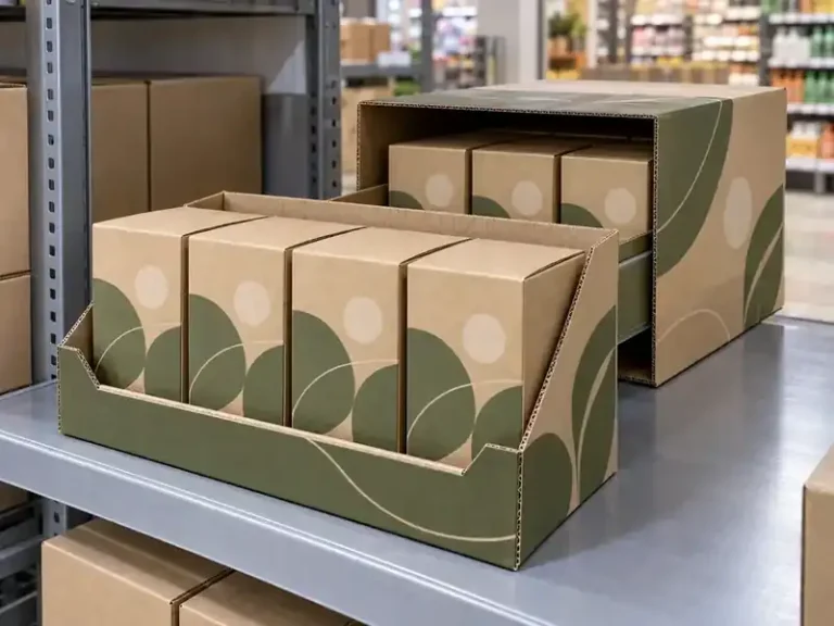 Olive and kraft retail replenishment box feeding cartons into a shelf display tray