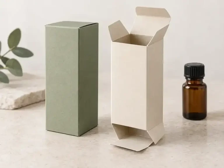 Sage and cream reverse tuck end cartons with opposite closure flaps and an amber bottle