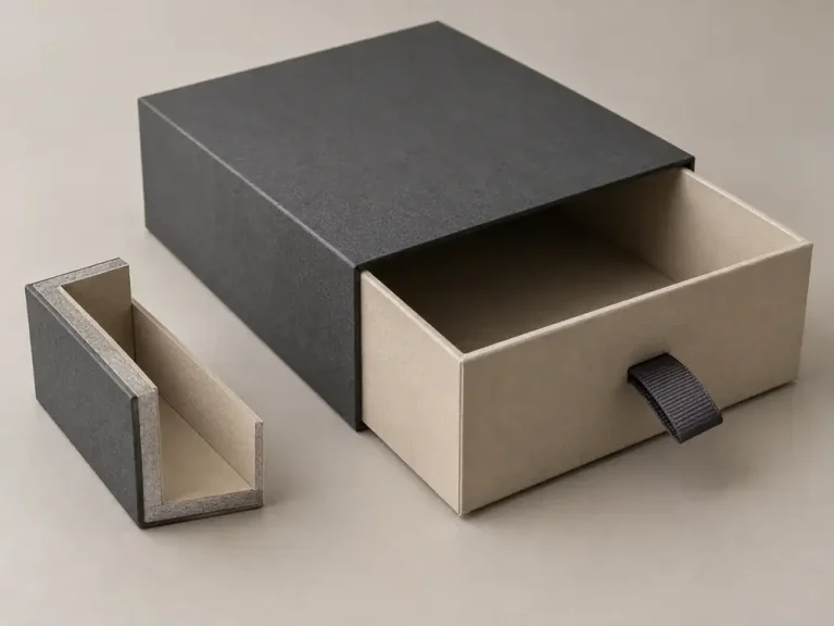 Charcoal and sand rigid drawer box with a board-edge sample showing wrapped grayboard construction