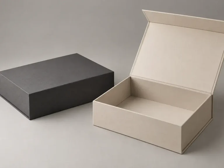Charcoal and sand rigid magnetic boxes with thick wrapped board and an open hinged lid