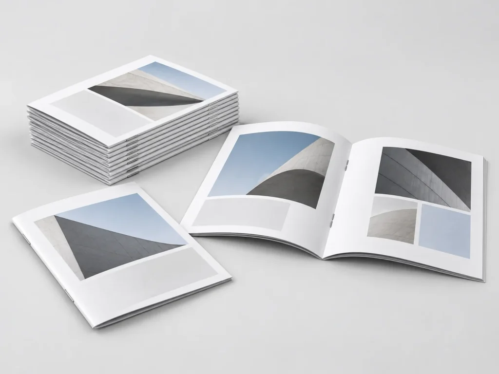 Fengyi Packaging concept photo of custom saddle-stitched booklets with center-fold staples