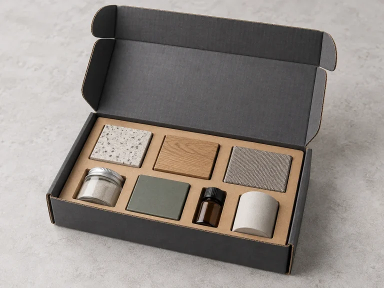 Charcoal sample kit corrugated mailer with kraft insert and six material samples