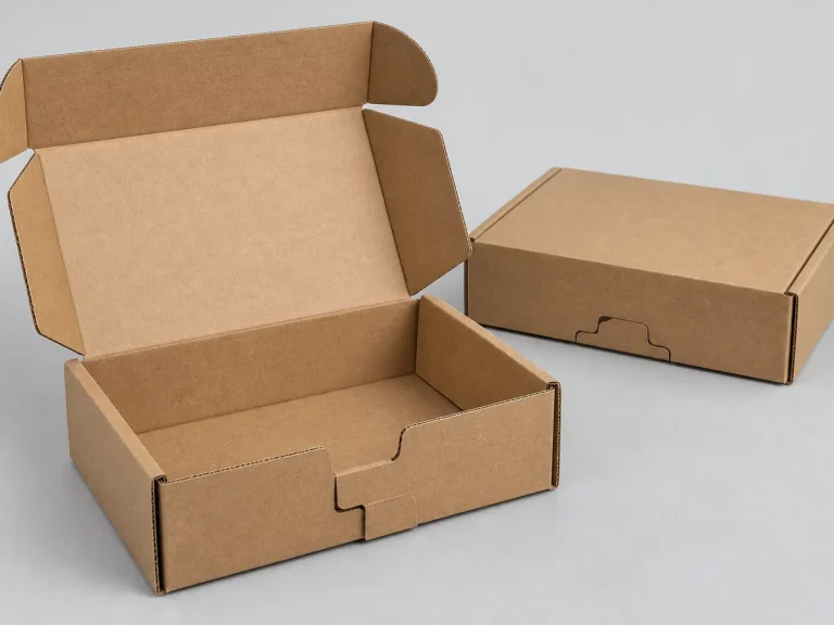 Natural kraft self-locking corrugated mailer boxes shown open and closed
