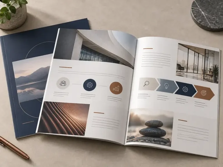 Open corporate service brochure with process imagery and navy and copper diagrams