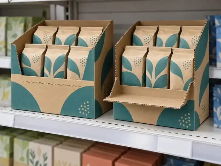 Kraft and teal shelf display cartons with tear-open fronts and six product packs