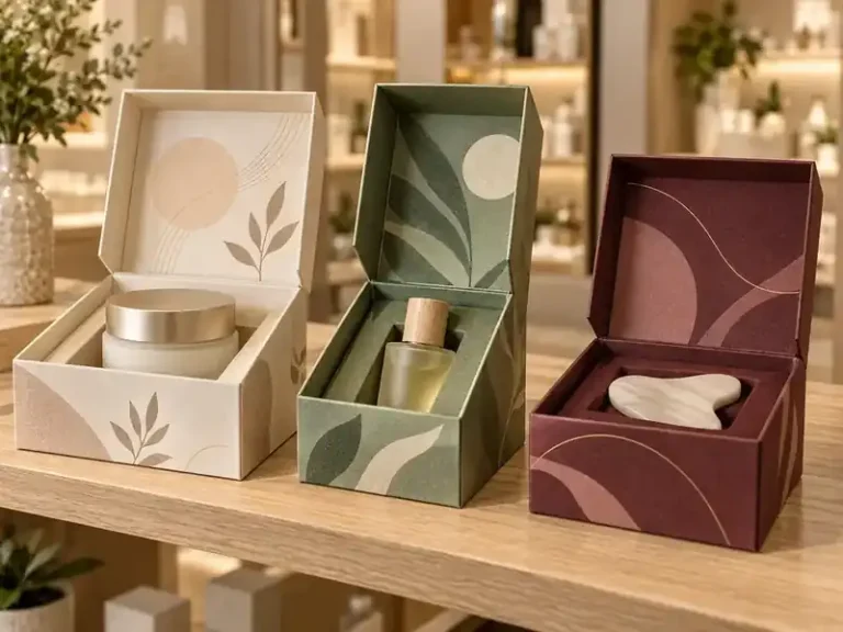 Cream, sage and burgundy shelf presentation boxes with fitted jar, bottle and accessory inserts