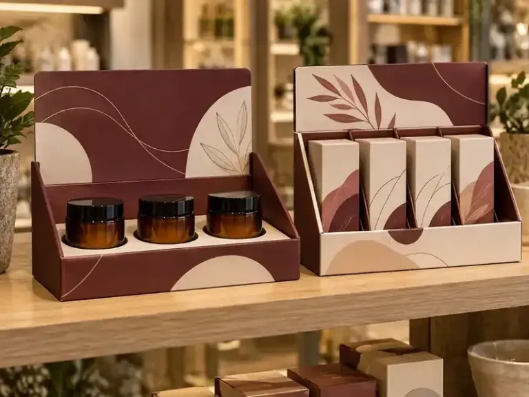 Burgundy and cream shelf presentation cases with fitted amber jars and divided cartons
