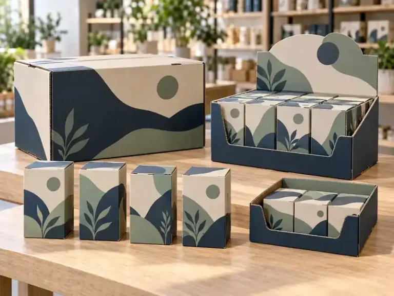 Navy, sage and cream shelf-ready packaging family with transit case, display and cartons