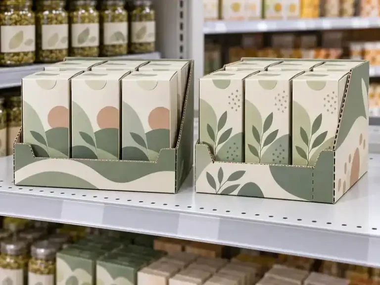 Sage and cream shelf-ready product cartons in two loaded corrugated display trays