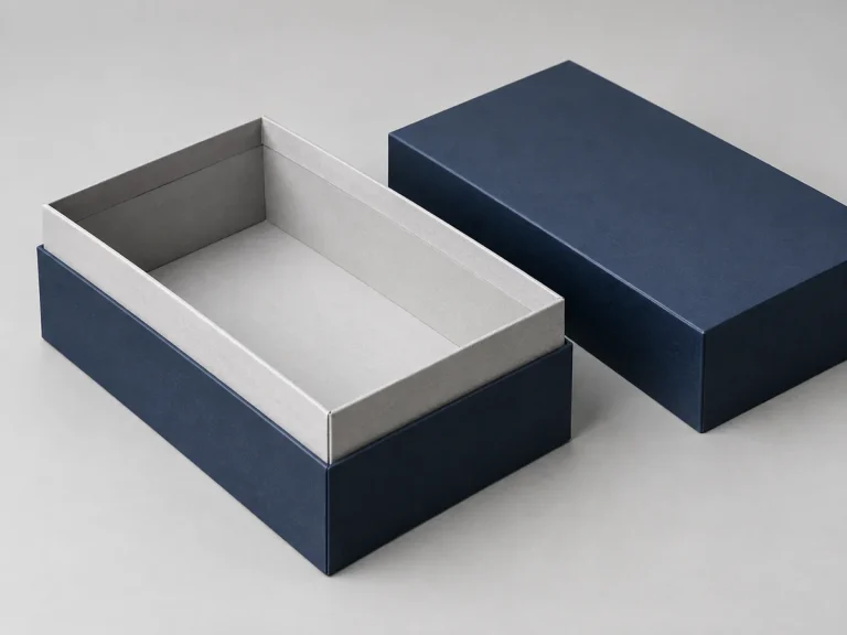 Midnight blue shoulder rigid box with contrasting pale gray platform
