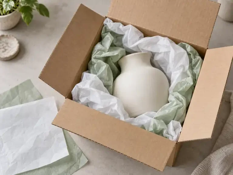 Ceramic vessel cushioned with soft white and sage tissue inside a kraft mailer