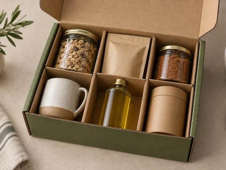 Olive subscription kit mailer with kraft dividers and unbranded lifestyle products