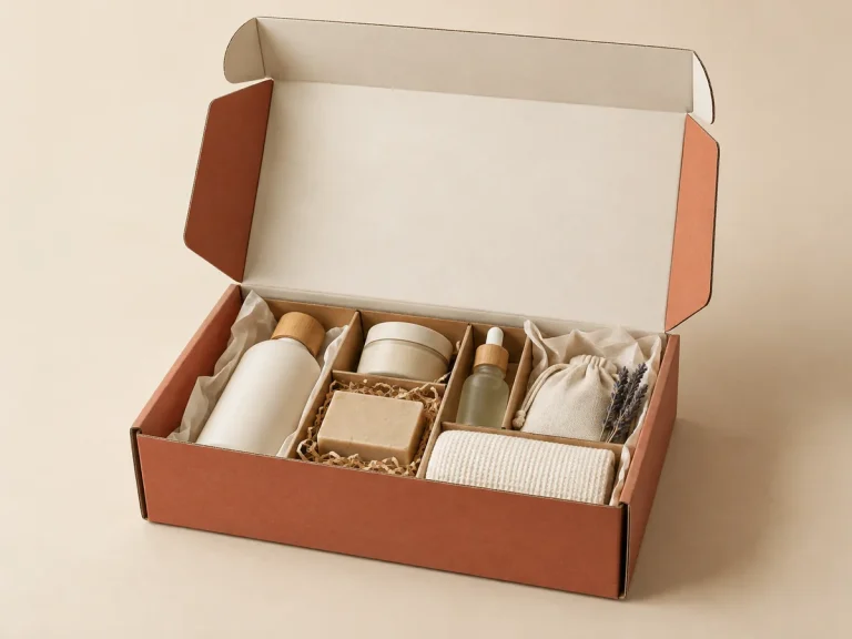 Terracotta subscription corrugated mailer with kraft dividers and unbranded self-care products