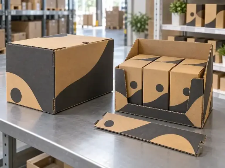 Ochre and charcoal transport-to-shelf packaging shown closed and opened with six cartons